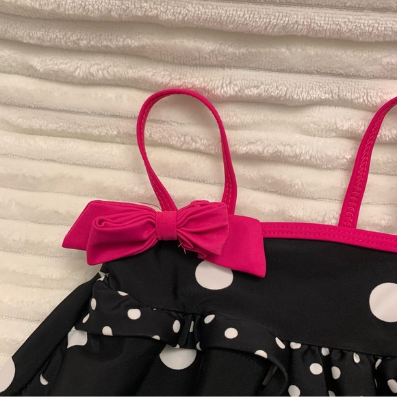 Baby Girl’s 18M Black Polka Dot Hot Pink Trim Takini 2-PC Swimsuit Tiered Top EC - Picture 2 of 14